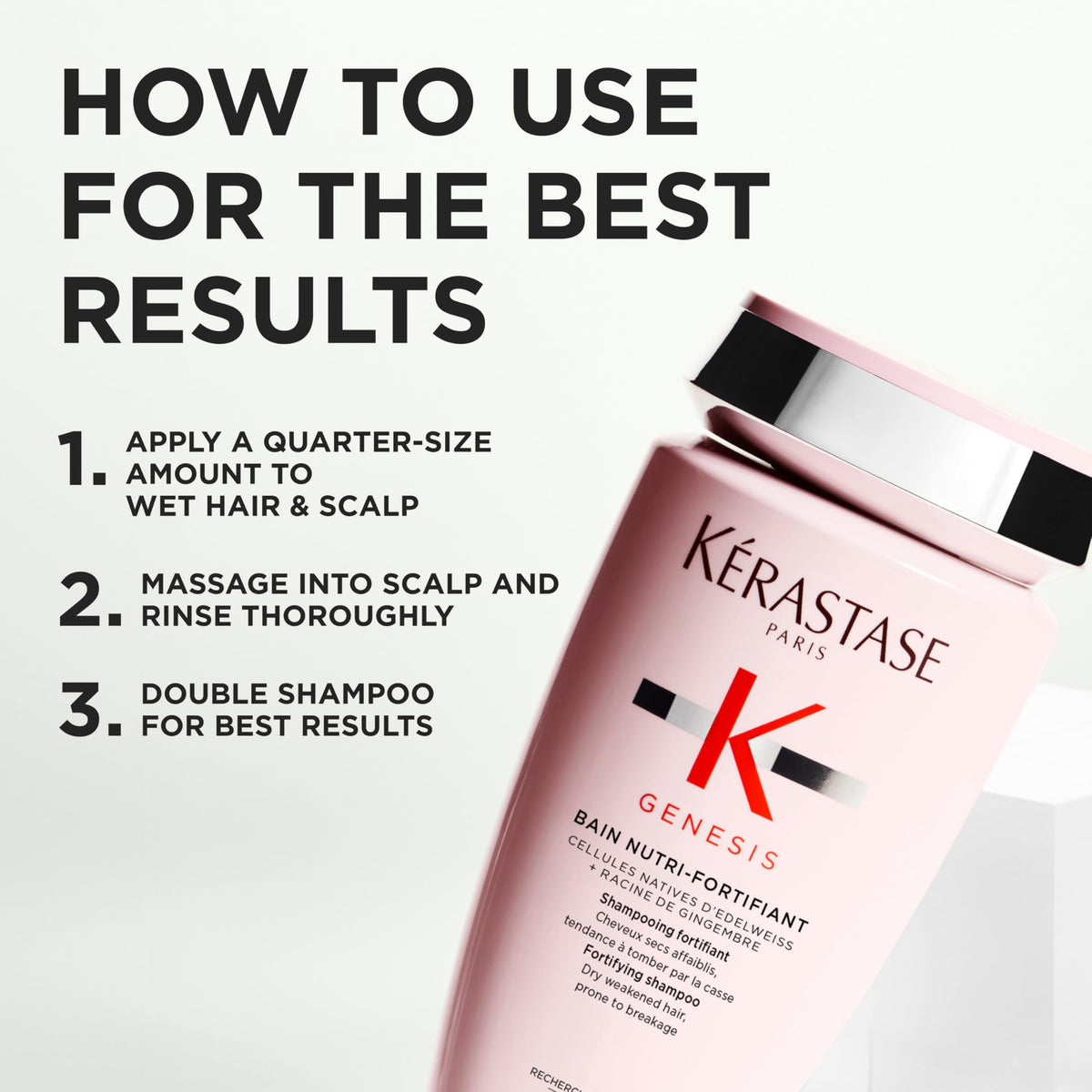 KÉRASTASE bottle styled on bathroom shelf conveying daily routine benefit