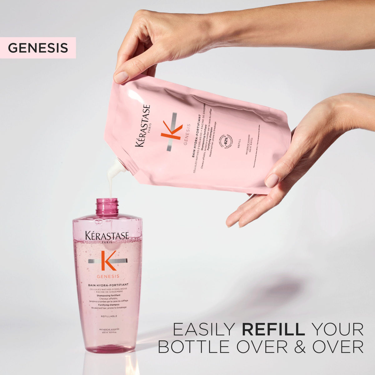 KÉRASTASE refillable bottle showing sustainable refill option and eco-friendly benefit