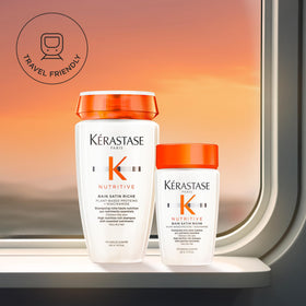 KÉRASTASE label closeup highlighting plant proteins and niacinamide benefits