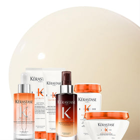 KÉRASTASE bottle on bathroom shelf in lifestyle setting for daily care benefit