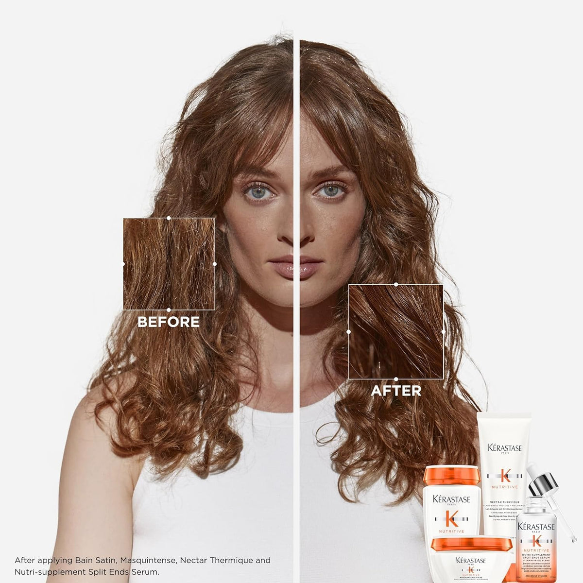 KÉRASTASE applying serum to hair ends for sealed split ends benefit