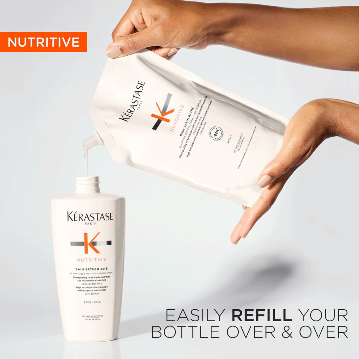 KÉRASTASE refill pouch being poured highlighting easy, low-waste refill