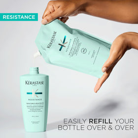 KÉRASTASE in shower on shelf showing in-use benefit for damaged hair care