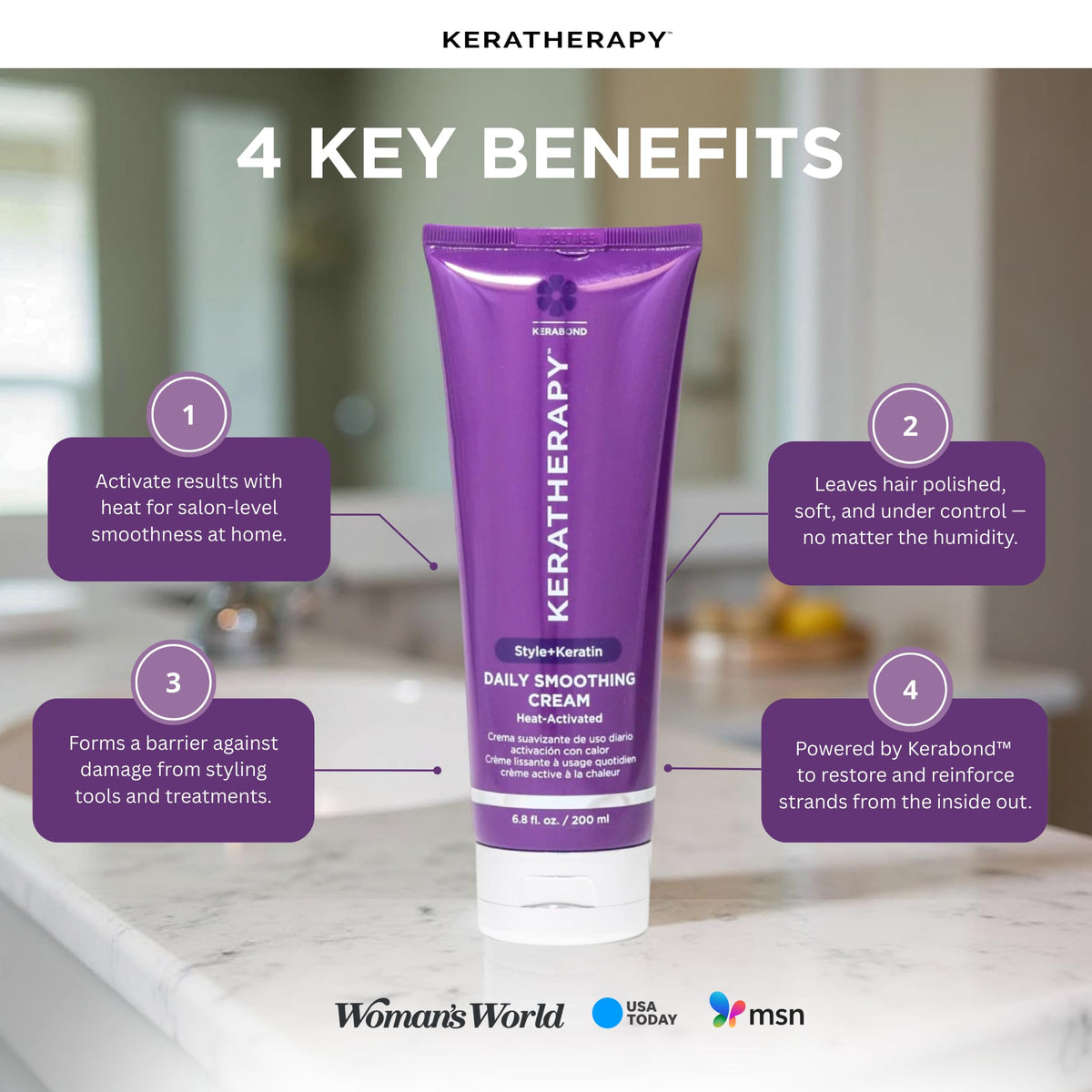 KERATHERAPY 200ml bottle side label showing product details and usage benefits