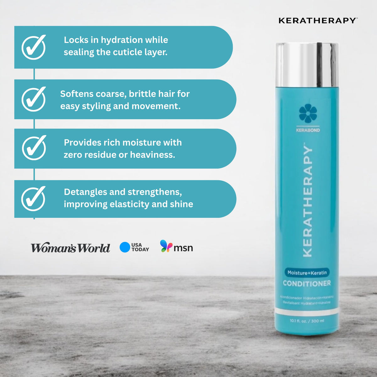 KERATHERAPY conditioner in hand demonstrating easy application and instant slip benefit