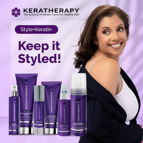 KERATHERAPY on bathroom shelf lifestyle image showing everyday styling convenience