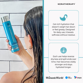 KERATHERAPY lifestyle bathroom shelf staged for routine use and visible styling readiness