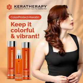 KERATHERAPY shampoo on bathroom shelf in lifestyle setting