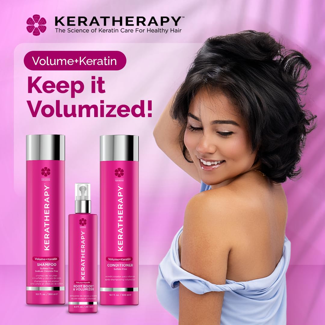 KERATHERAPY bottle on bathroom shelf suggesting daily styling ease