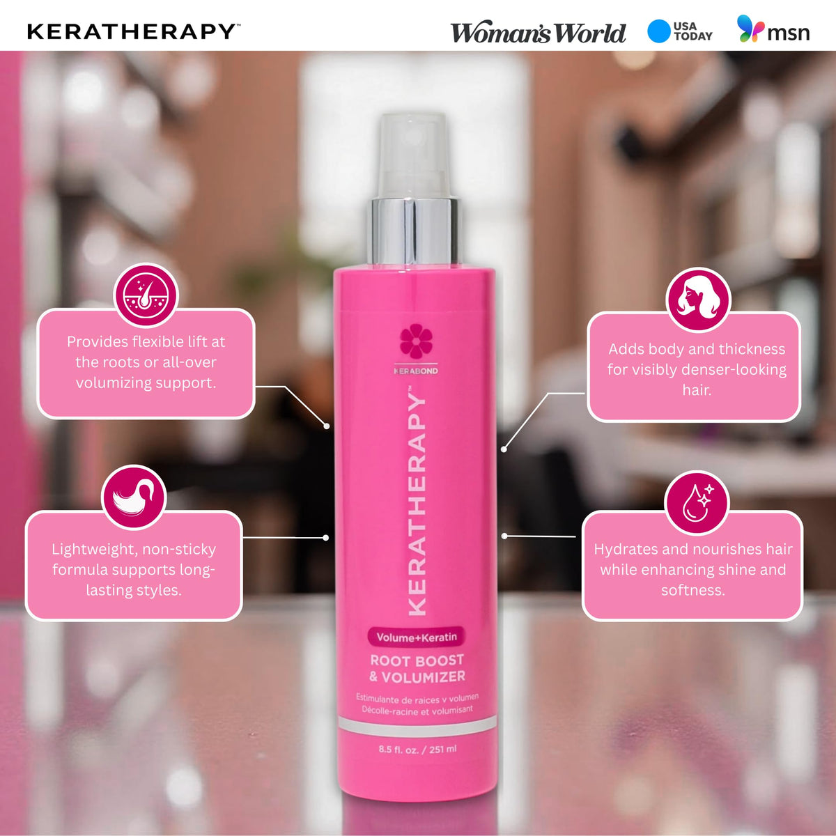 KERATHERAPY spray droplet texture demonstrating non-greasy finish
