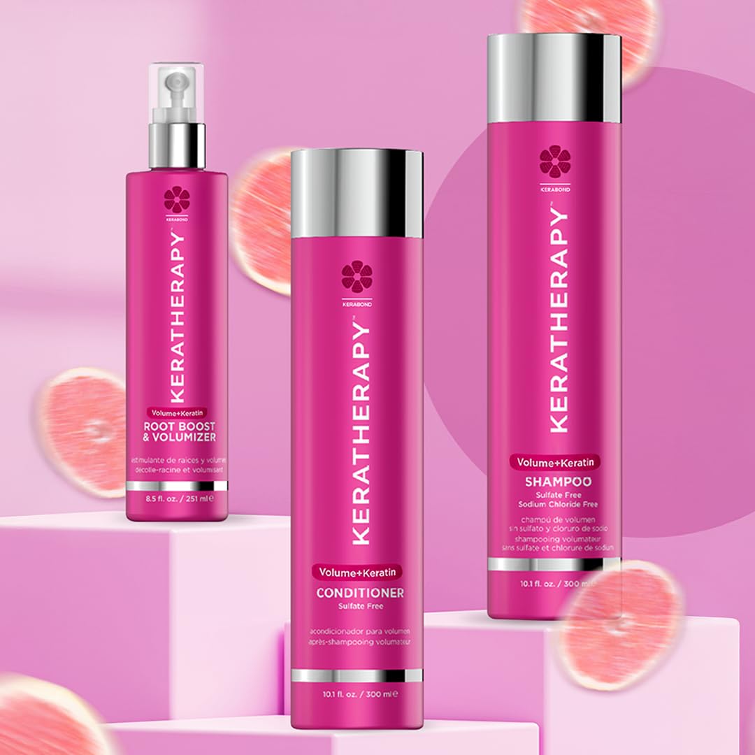 KERATHERAPY root boost displayed with volume shampoo and conditioner