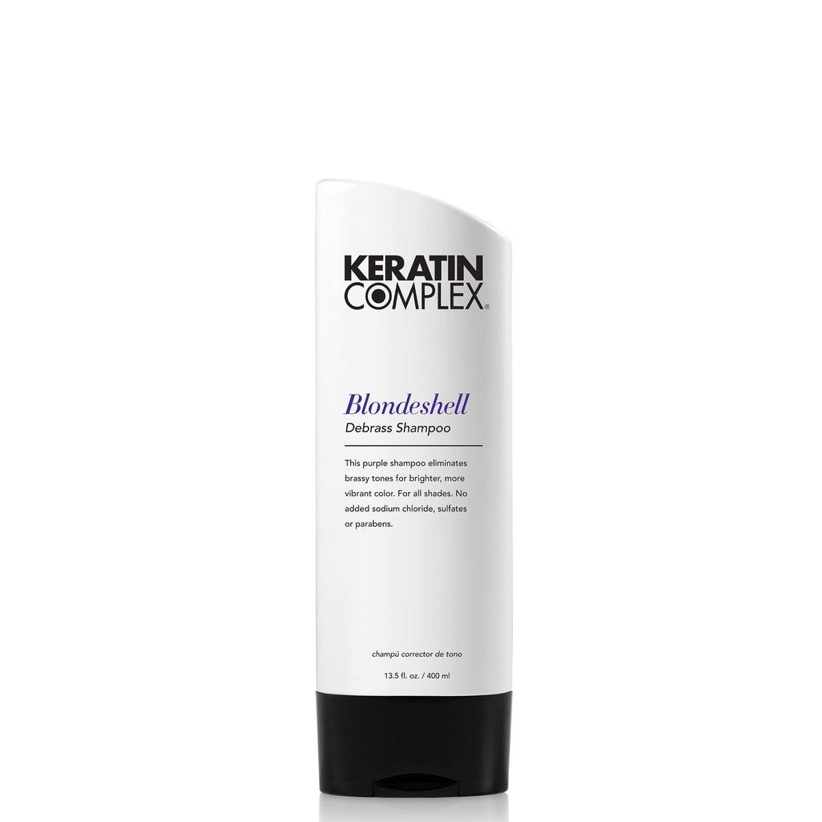 Keratin Complex front bottle showing branding and purple shampoo benefits