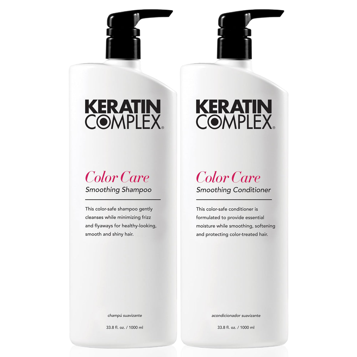 Keratin Complex duo front view showing large bottles and color protection benefits