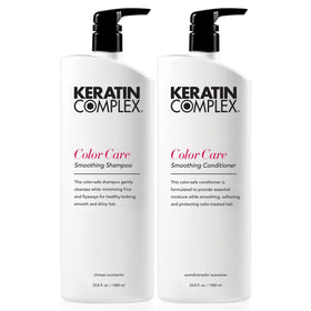 Keratin Complex duo front view showing large bottles and color protection benefits