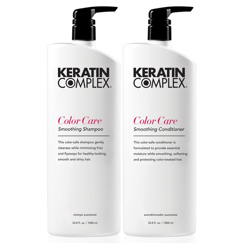 Keratin Complex duo front view showing large bottles and color protection benefits