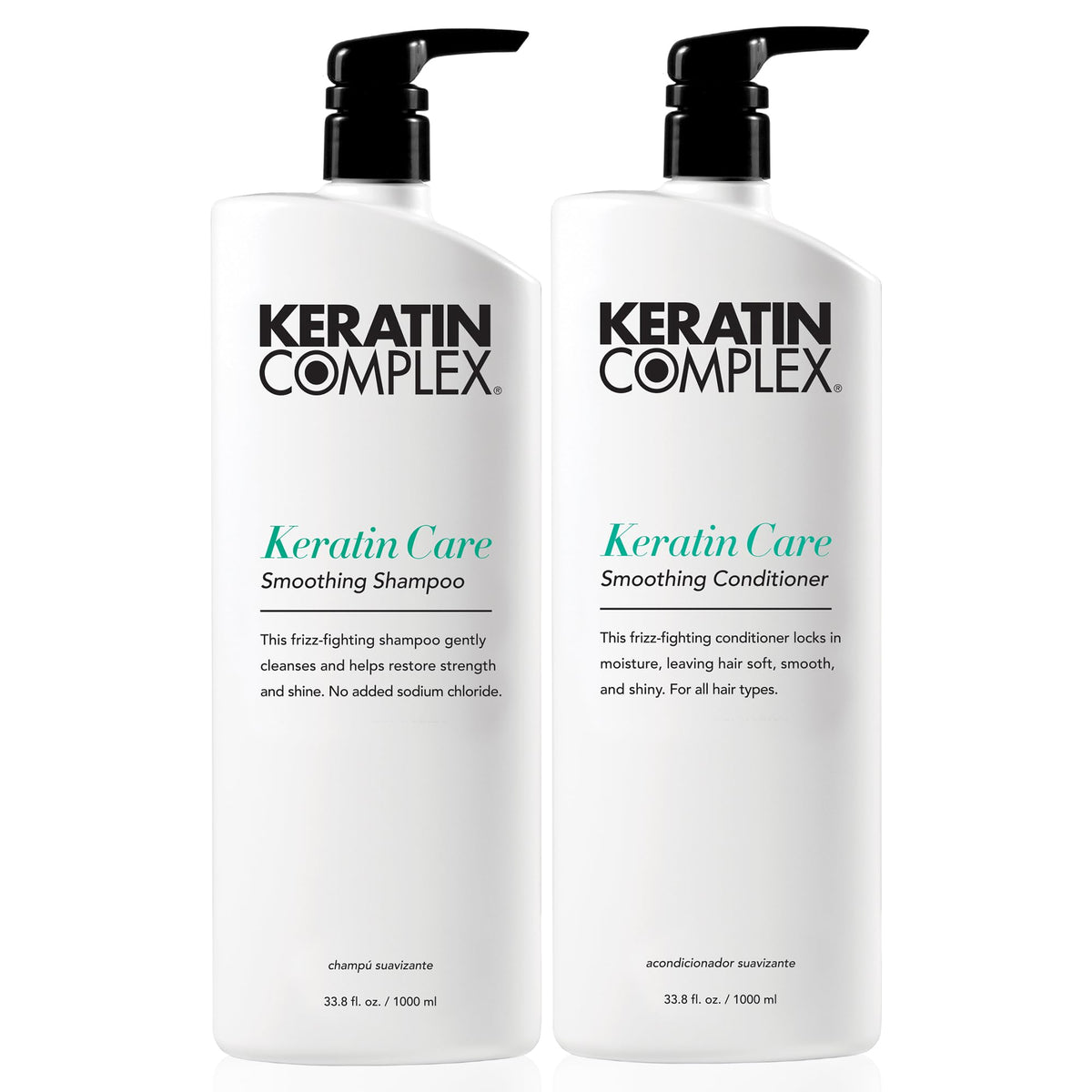 Keratin Complex duo front bottles showing large sizes and product clarity benefit