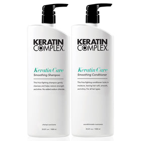 Keratin Complex duo front bottles showing large sizes and product clarity benefit