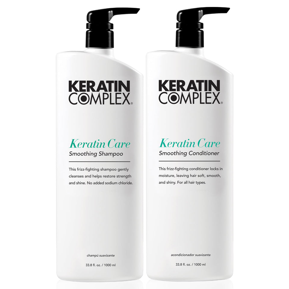 Keratin Complex duo front bottles showing large sizes and product clarity benefit
