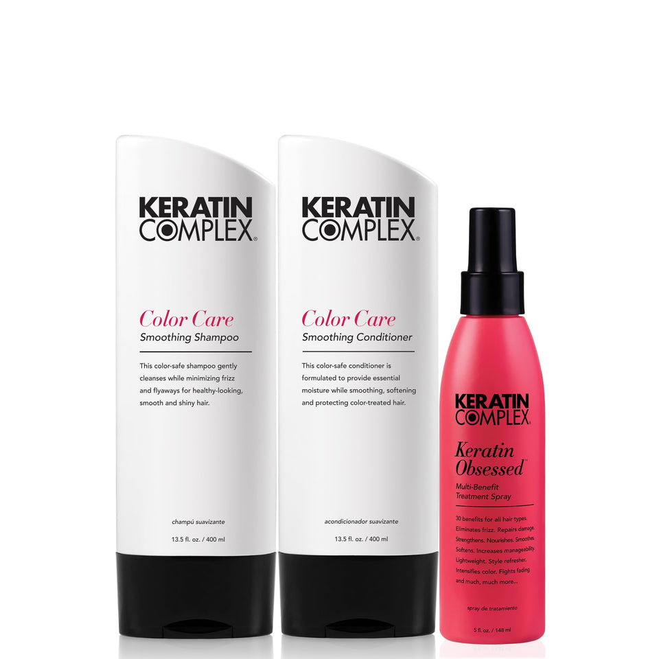 Keratin Complex front packaging showing complete aftercare kit and benefits