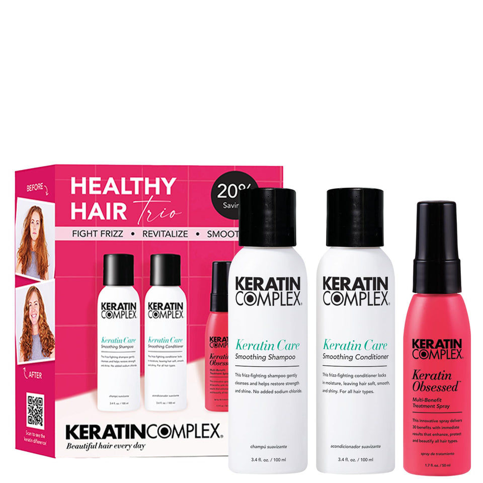Keratin Complex trio front packaging showing travel sizes and smooth hair results