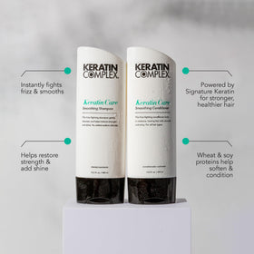 Keratin Complex pump and label detail, highlights formula and usage benefits