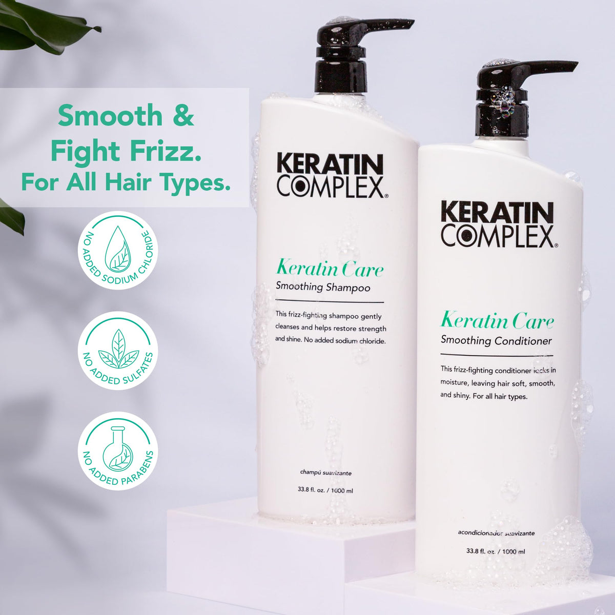 Keratin Complex shampoo pouring from bottle demonstrating gentle lathering benefit
