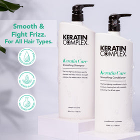 Keratin Complex shampoo pouring from bottle demonstrating gentle lathering benefit