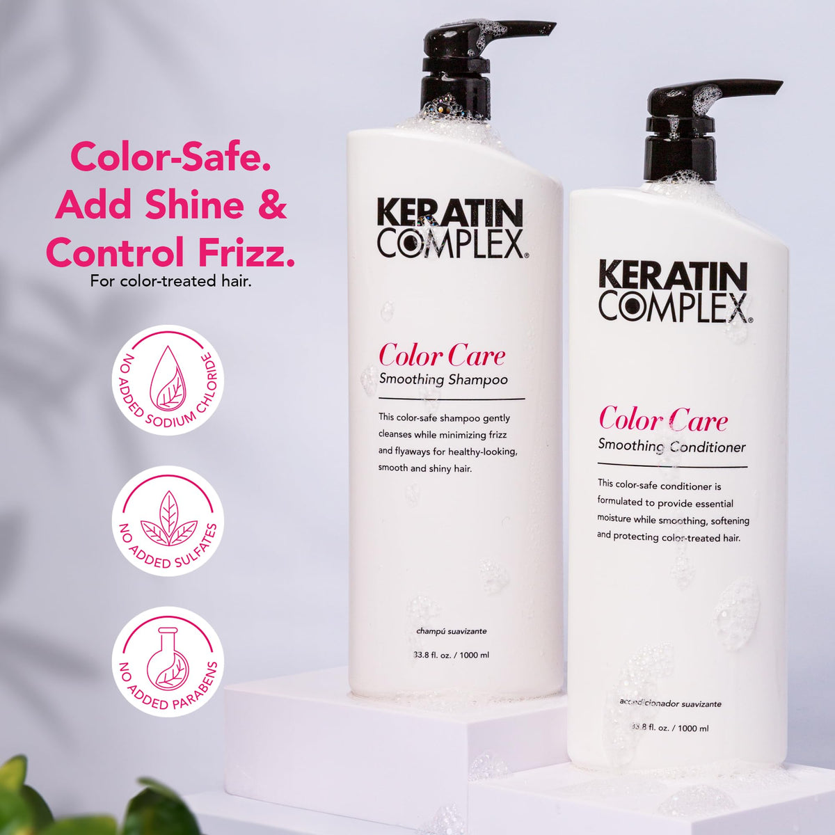 Keratin Complex shampoo pump close-up highlighting easy dispensing and gentle cleanse