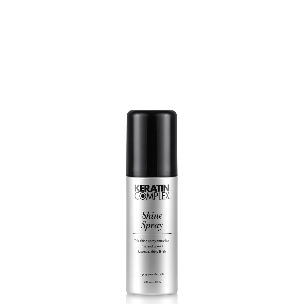 Keratin Complex front packaging of 3 fl oz shine spray showing label and nozzle — glossy finish benefit