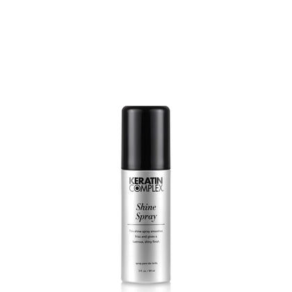 Keratin Complex front packaging of 3 fl oz shine spray showing label and nozzle — glossy finish benefit