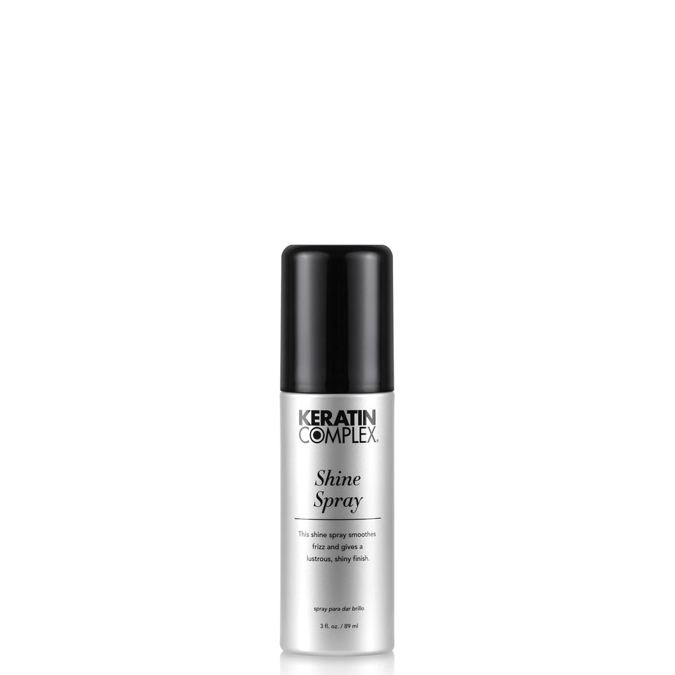 Keratin Complex front packaging of 3 fl oz shine spray showing label and nozzle — glossy finish benefit