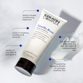 Keratin Complex label close-up highlighting keratin, wheat and soy proteins benefits