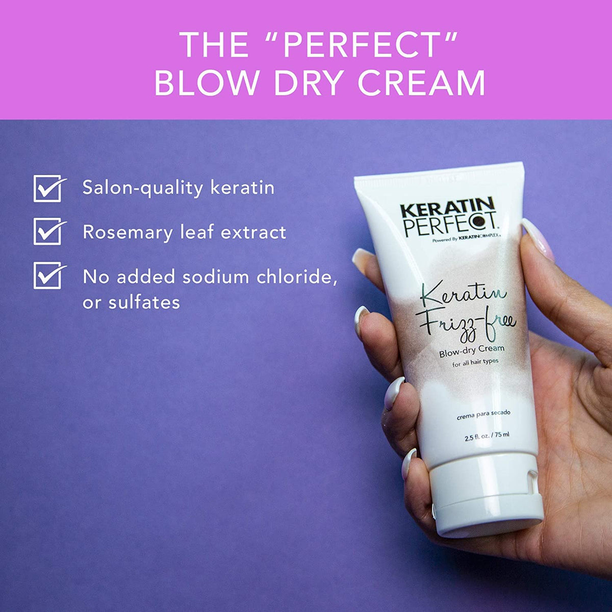 Keratin Perfect being applied to damp hair to reduce frizz and cut blow-dry time benefit
