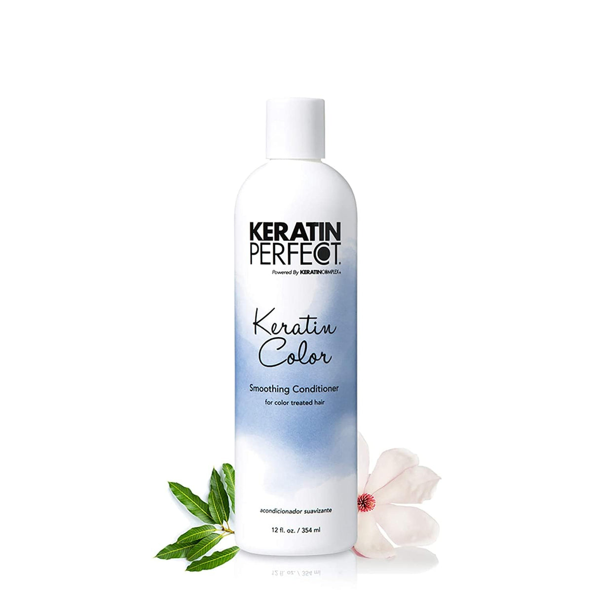 Keratin Perfect bottle on bathroom shelf evoking salon-quality home care