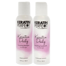 Keratin Perfect front packaging showing travel-size bottles and benefits