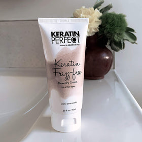 Keratin Perfect label close-up highlighting keratin and rosemary ingredients for smoothing benefit