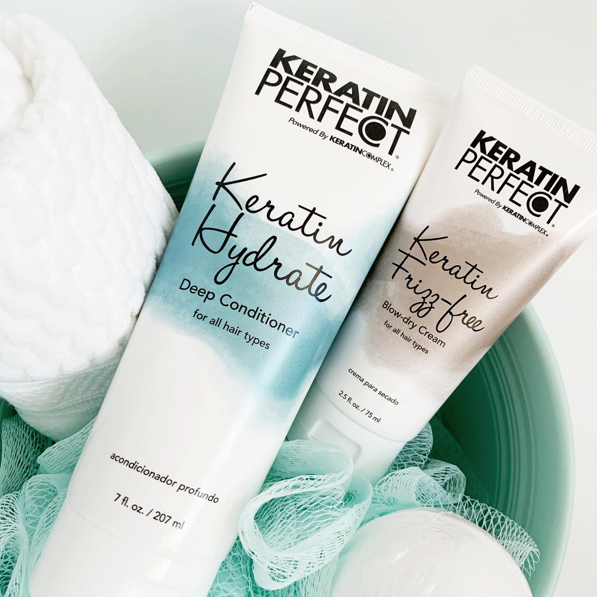 Keratin Perfect on bathroom counter staged for morning routine showing reliable styling benefit