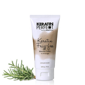 Keratin Perfect tube beside a hand showing 2.5oz scale for travel convenience benefit