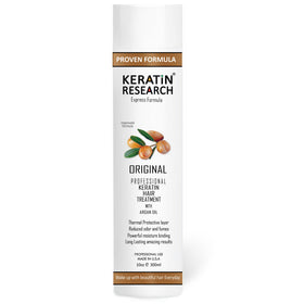 KERATIN RESEARCH front packaging showing product and benefit of salon-grade smoothing