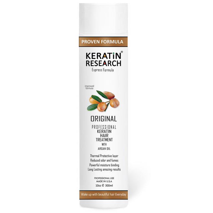 KERATIN RESEARCH front packaging showing product and benefit of salon-grade smoothing