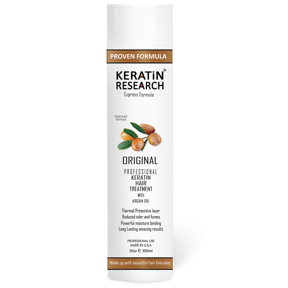 KERATIN RESEARCH front packaging showing product and benefit of salon-grade smoothing