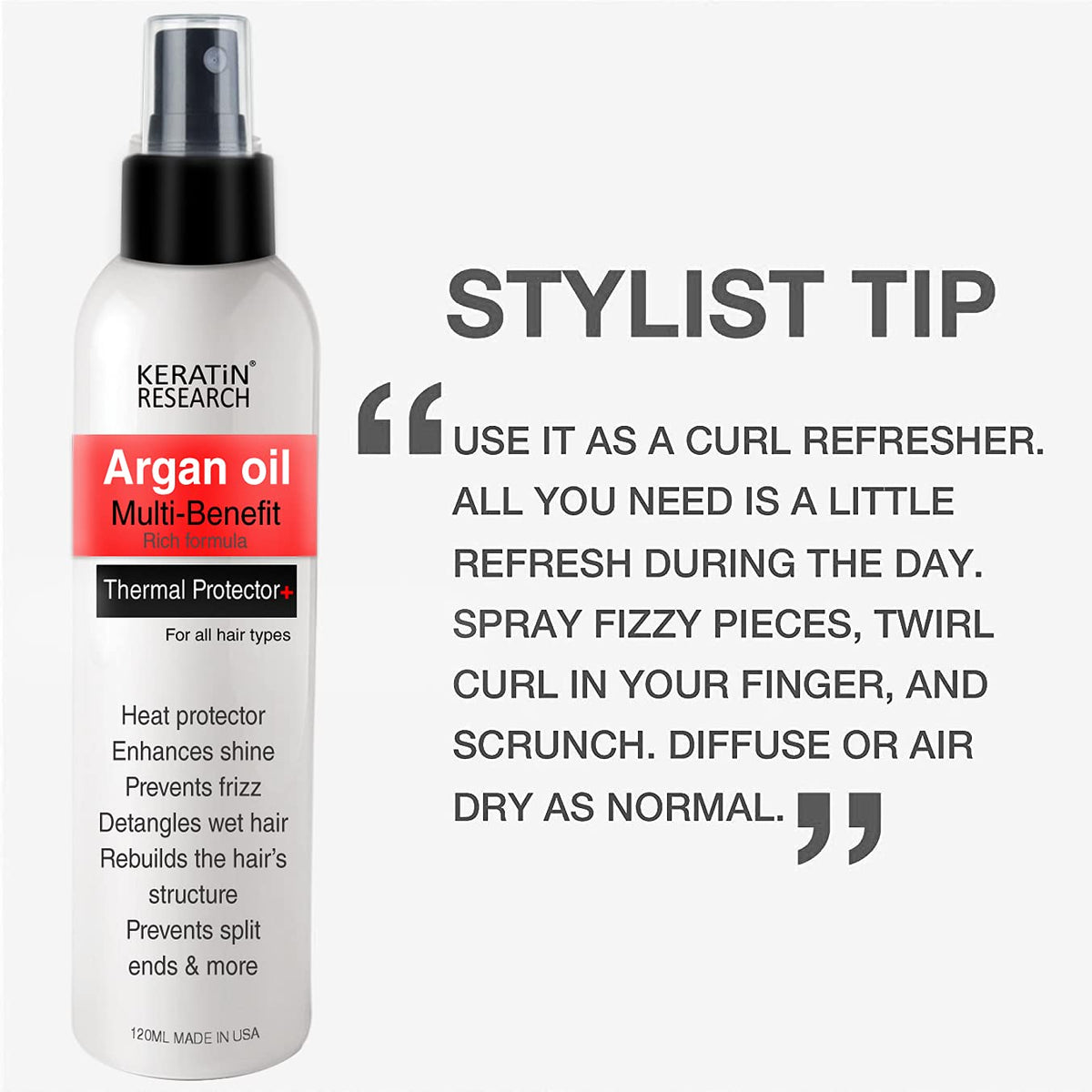 KERATIN RESEARCH label close-up listing ingredients and heat-protection details for clarity