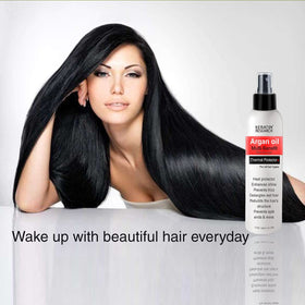 KERATIN RESEARCH lifestyle shot in bathroom styling routine showing frizz-free glossy finish