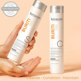 Kerazon shampoo and conditioner being applied to wet hair for frizz control