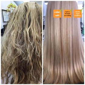 Kerazon before and after hair photo demonstrating visible shine improvement