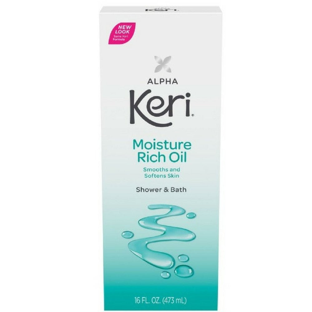 Keri Alpha Keri front packaging twin 16 oz bottles showing hydrating shower and bath oil benefit