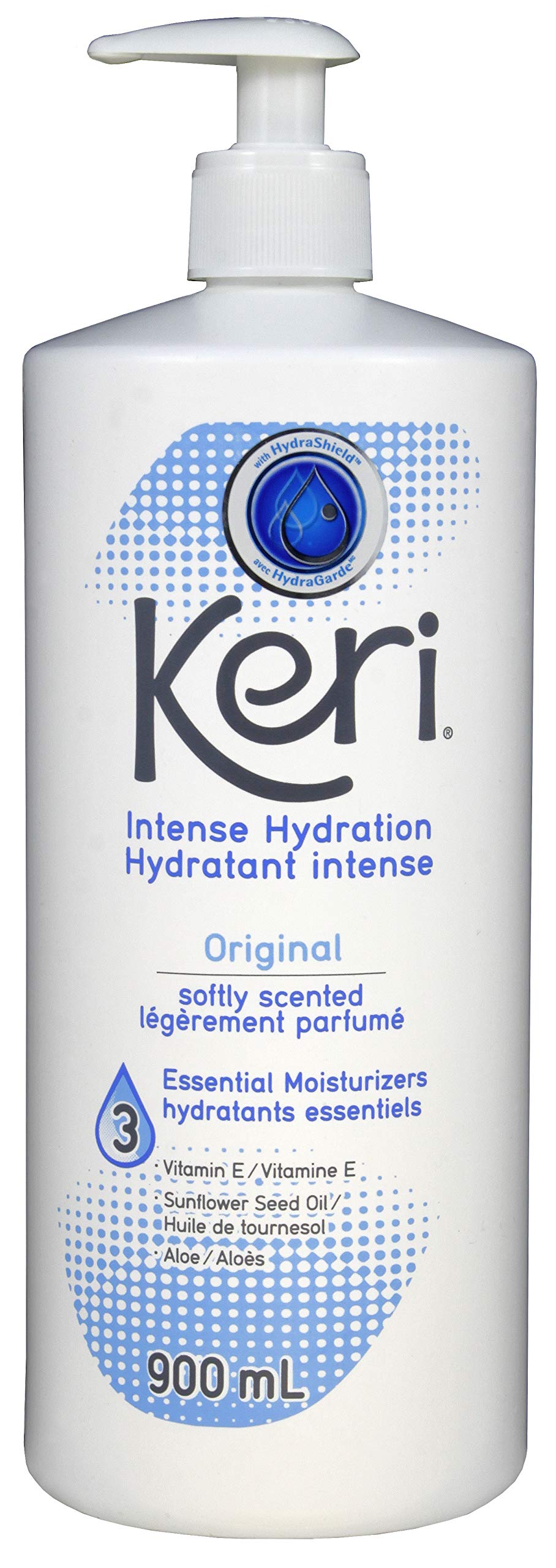 Keri front bottle showing label and size, clear view and easy identification