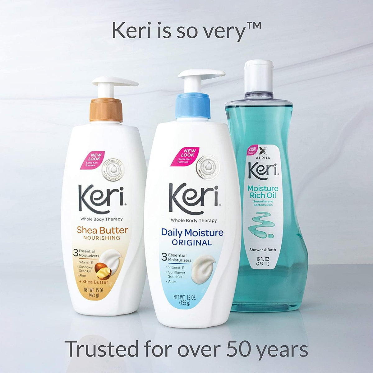 Keri original on bathroom shelf showing ready-to-use daily skincare convenience