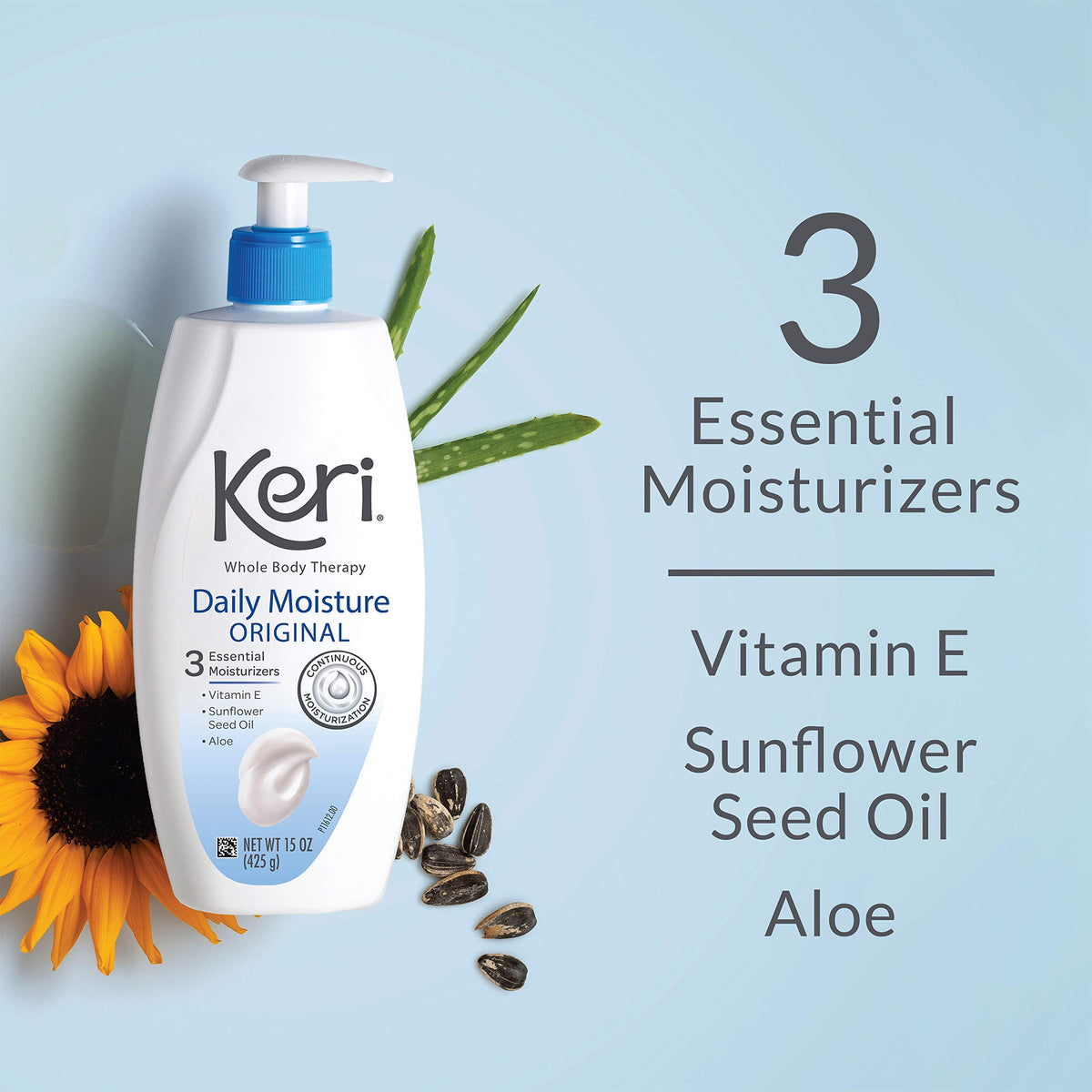 Keri label and pump detail highlighting ingredients and ease of use