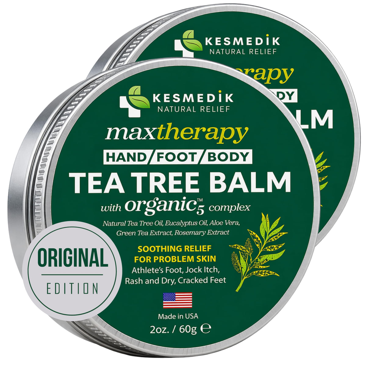 KESMEDIK front view of two balm tubes showing packaging and benefits